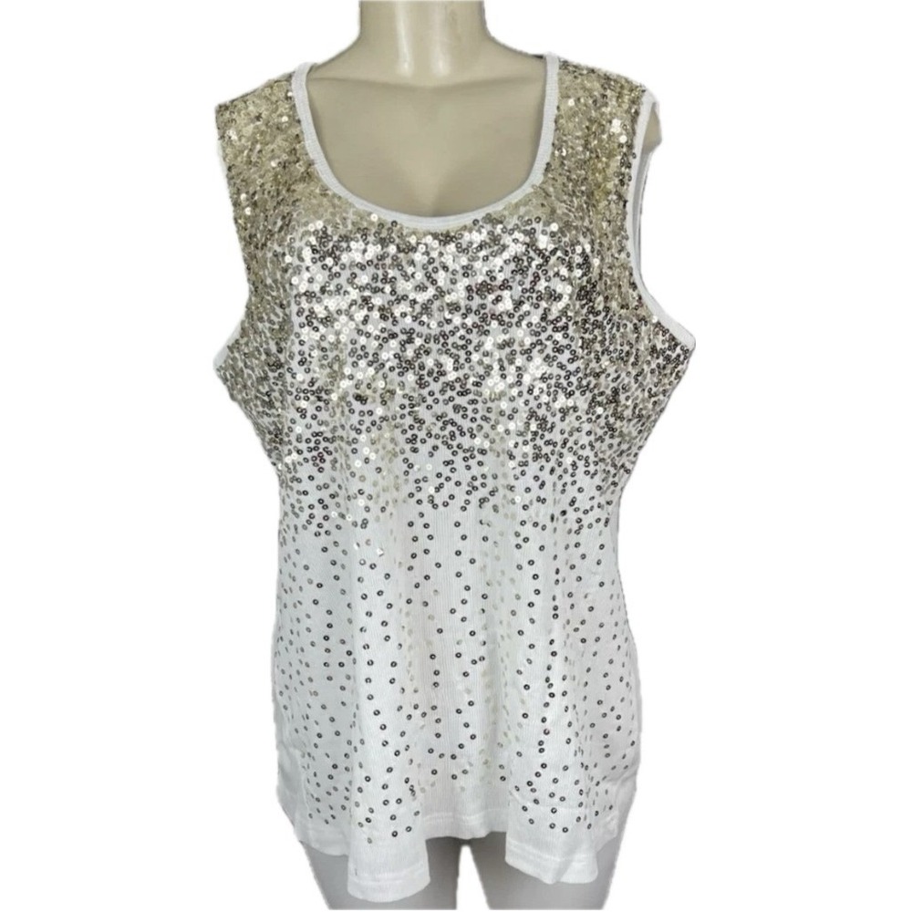Roaman's 22/24 White Ribbed Gold & Silver Sequin Front Scoop Neckline Tank Top - Picture 2 of 7